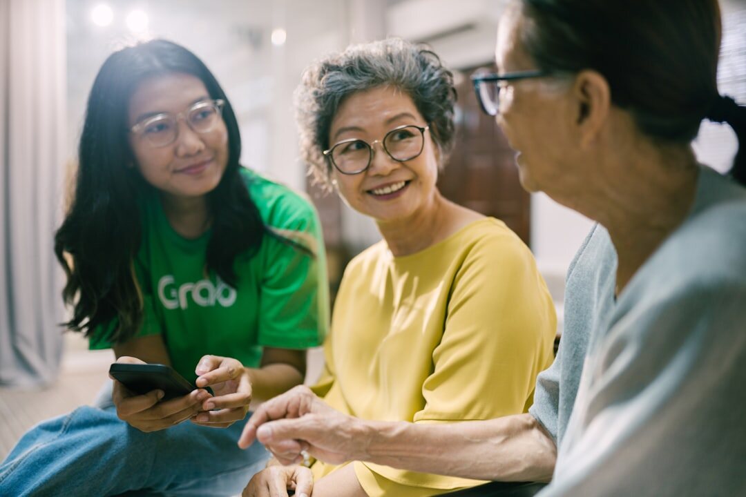 group of elderly friends chatting