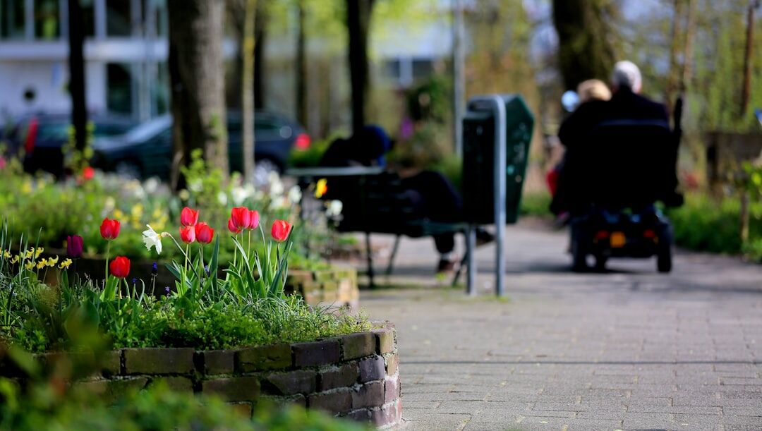 elderly couple walking in park